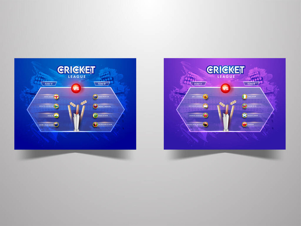 Set Of Cricket League Poster Design With Participating Team A VS B, Different Countries Flag Badge And 3D Silver Trophy Cup On Brush Stroke Stadium Background. - Vecteur, image