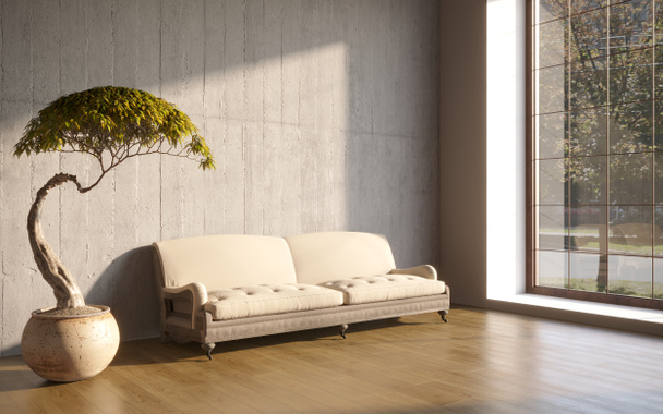 nowoczesne jasne wnętrza 3d renderowania z sofą i rośliną - Zdjęcie, obraz