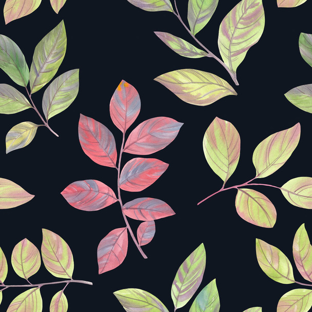 Decoratieve bladeren naadloos patroon op een abstracte achtergrond. Abstracte naadloze achtergrond van bladeren en takken. Botanische aquareltekening voor printen, behang, verpakking. - Foto, afbeelding
