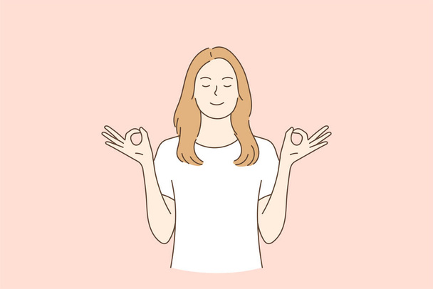 Mujer sonriente relajada cerrar los ojos y meditar, hacer yoga. Ilustraciones de diseño vectorial estilo dibujado a mano. - Vector, imagen