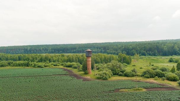 Rusia, Ural. Volando sobre los campos. Filas de papas en crecimiento. Antigua torre de agua de ladrillo rojo, Vista aérea   - Foto, imagen
