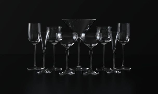 Beaucoup de verres à vin de différentes formes. Fond sombre. Rendu 3d - Photo, image