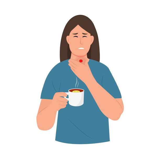 Θλιβερή γυναίκα με πόνο στο λαιμό. Συμπτώματα γρίπης ή λοίμωξης από τον ιό. Άρρωστος κρατώντας ζεστό φλιτζάνι τσάι με λεμόνι. Γυναίκα με πονόλαιμο. Επίπεδη διανυσματική απεικόνιση  - Διάνυσμα, εικόνα