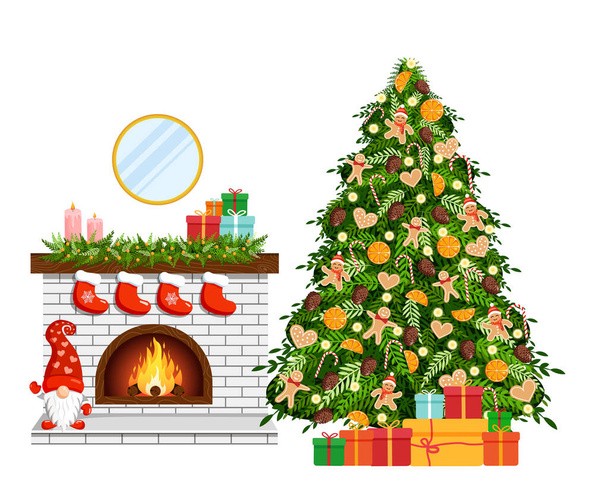 暖炉、クリスマスツリーと贈り物とクリスマス居心地の良い家のインテリア。スカンジナビア語とハイジスタイル。ポスター、バナー、ポスター、ウェブサイトのための部屋のベクトルイラスト - ベクター画像