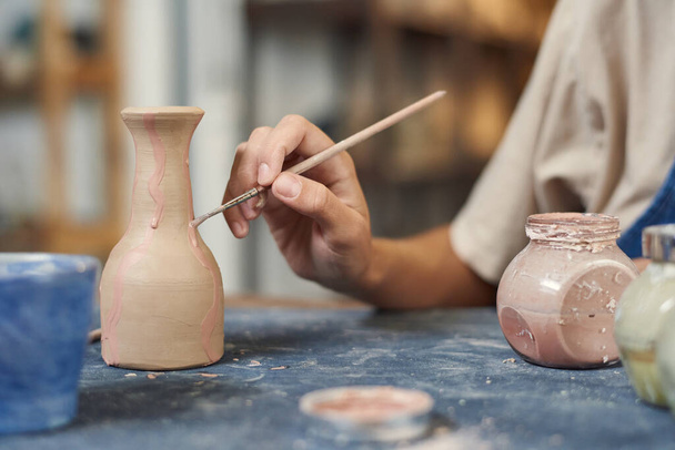 Applying Pink Paint On Clay Vase - Photo, Image