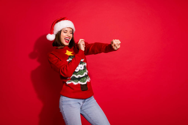 Photo of pretty youth lady good mood event dancer advent miracle jolly isolated over red color background - Fotografie, Obrázek