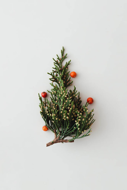 Mínimo árbol de Navidad hecho de planta siempreverde con decoración de bayas de bauble sobre fondo blanco. Concepto de Año Nuevo. Puesta plana. - Foto, imagen