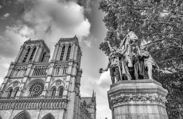 Facciata di Notre Dame con statua e alberi
 - Foto, immagini