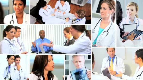μοντάζ multi ethnic γιατροί συνάντηση νοσοκομείο χρησιμοποιώντας τεχνολογία - Πλάνα, βίντεο