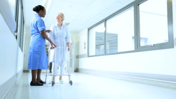Paciente de edad avanzada Enfermera étnica Hospital Corredor
 - Metraje, vídeo