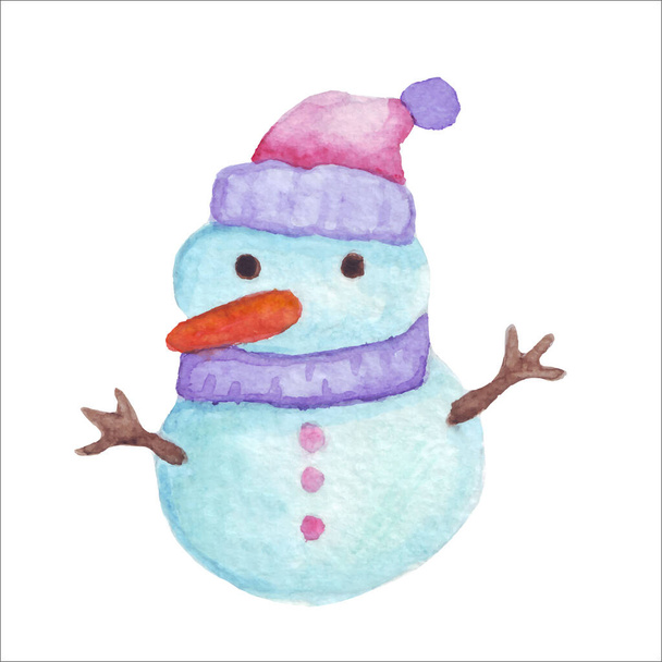 Watercolor snowman vector illustration. Snowman in a winter hat and scarf. Carrot nose. - Vector, Image