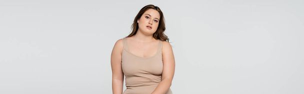 Young body positive woman looking at camera isolated on grey, banner  - Photo, image