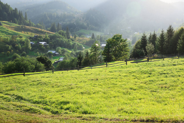 Beautiful landscape with green pasture on mountain hill in morning - Fotografie, Obrázek