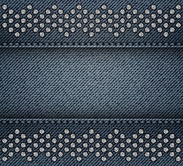 Blauer Jeanshintergrund mit Nähten und silbernen Pailletten-Zick-Zack-Streifen. - Vektor, Bild
