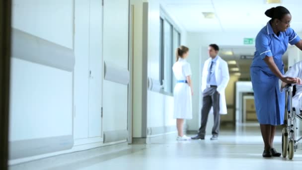Monikansallinen henkilökunta Siirtyvät potilaat Sairaalan käytävä
 - Materiaali, video