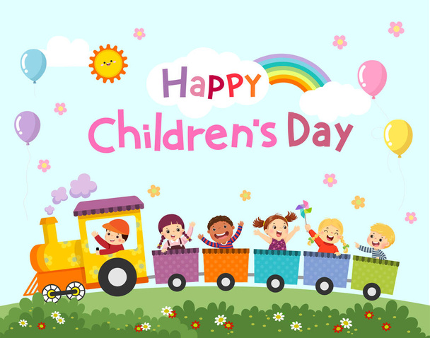 Ευτυχισμένη Ημέρα των Παιδιών διανυσματικό υπόβαθρο με χαρούμενα παιδιά στο τρένο. - Διάνυσμα, εικόνα