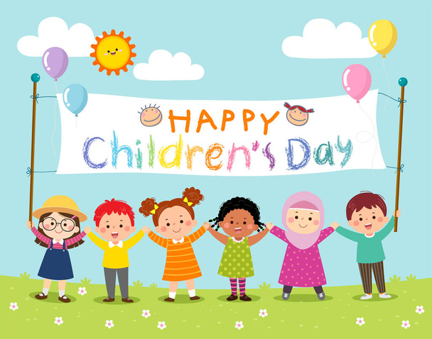 Enfants heureux tenant bannière Journée des enfants. - Vecteur, image