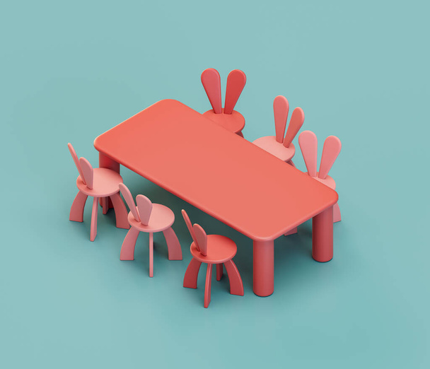 Ein Kindertisch mit Stühlen mit Hasenohren. Isometrische rote Farbe Kindergarten Objekt für die körperliche und geistige Entwicklung von Kindern. Monochrom einfarbig, 3D-Darstellung. Kein Volk. - Foto, Bild