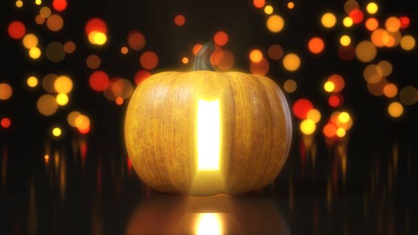Buchstabe, den ich auf Halloween-Kürbis schnitze. 3D-Illustration mit Bokeh-Effekt im Hintergrund. passend für Halloween, Alphabet und Feiertagsverkauf. - Foto, Bild