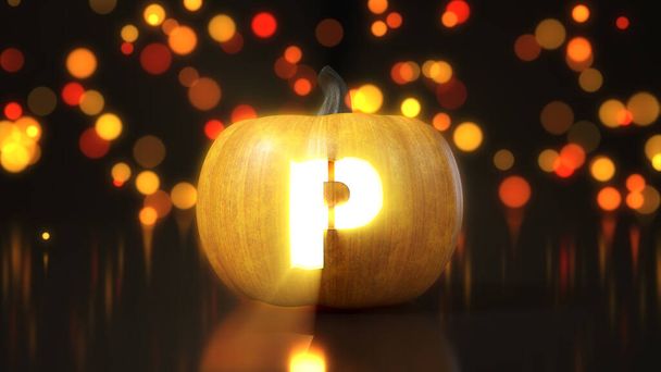 Buchstabe P auf Halloween-Kürbis geschnitzt. 3D-Illustration mit Bokeh-Effekt im Hintergrund. passend für Halloween, Alphabet und Feiertagsverkauf. - Foto, Bild