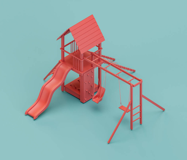 Slide playgraound. Isometric red color playground object for physical and mental development of children. Monochrome single color, 3d rendering. No people. - Photo, Image