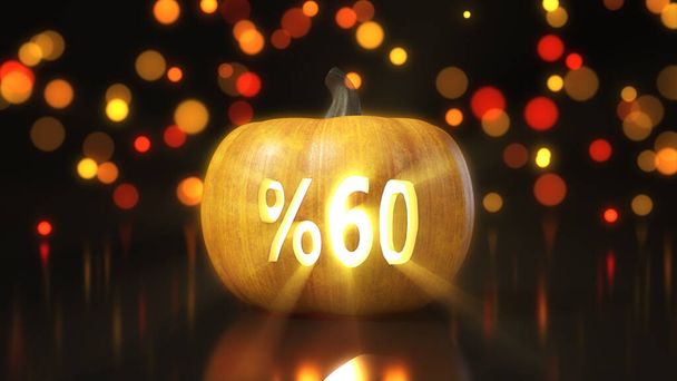 Symbol sprzedaży% 60 wyryty na dyni Halloween. Ilustracja 3D z efektem bokeh na tle. nadaje się na halloween, alfabetu i świąteczne tematy sprzedaży. - Zdjęcie, obraz