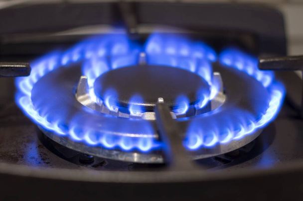 A chama azul do gás natural no escuro. Um queimador de gás em chamas no fogão da cozinha. - Foto, Imagem