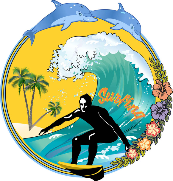 Surfer op blauwe oceaan Golf - Vector, afbeelding