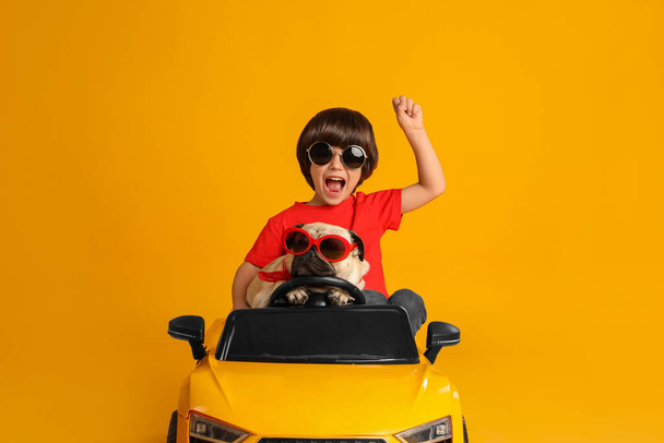 Little boy with his dog in toy car on yellow background - Fotó, kép