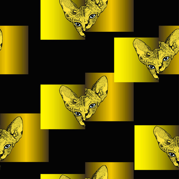 Head Sphinx cat and gold geometric asymmetrical square figure seamless pattern sketch graphics on black background. Golden pattern. Prints for clothes, T-shirts. Vector illustration - Vektor, Bild