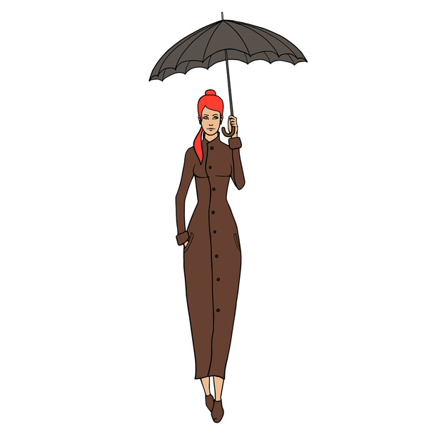 Mujer pelirroja con abrigo y paraguas. Ilustración vectorial
 - Vector, Imagen