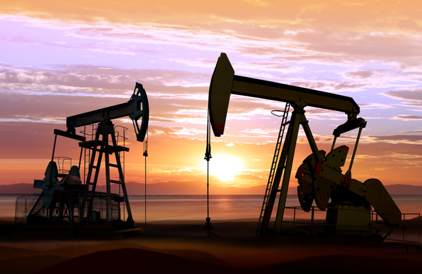 Αντλίες πετρελαίου στο ηλιοβασίλεμα - Φωτογραφία, εικόνα