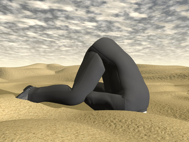 Бизнесмен закапывает голову в песок - 3D рендеринг
 - Фото, изображение