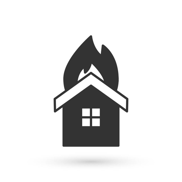 Γκρι Φωτιά σε φλεγόμενο σπίτι εικονίδιο απομονώνονται σε λευκό φόντο. Ασφαλιστική ιδέα. Ασφάλεια, ασφάλεια, προστασία, προστασία. Διάνυσμα - Διάνυσμα, εικόνα
