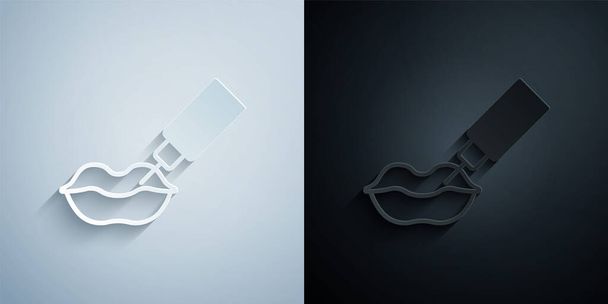 Corte de papel Icono de aumento de labios aislado sobre fondo gris y negro. Inyección de labios de ácido hialurónico. Plástico contorno. Estilo de arte de papel. Vector - Vector, imagen