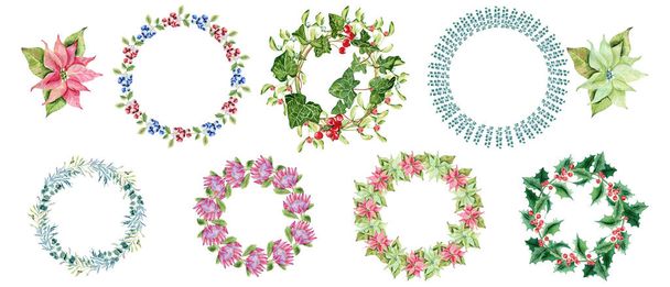 冬の花輪の水彩画。手描きの雪のベリーとモミの枝、葉を持つ赤い果実、松のコーン、ポインセチア、白い背景に隔離されたミステリー. - 写真・画像