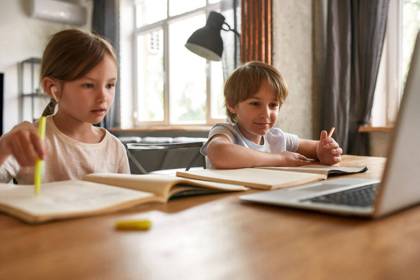 Smart children look at computer screen study online - Foto, Imagen