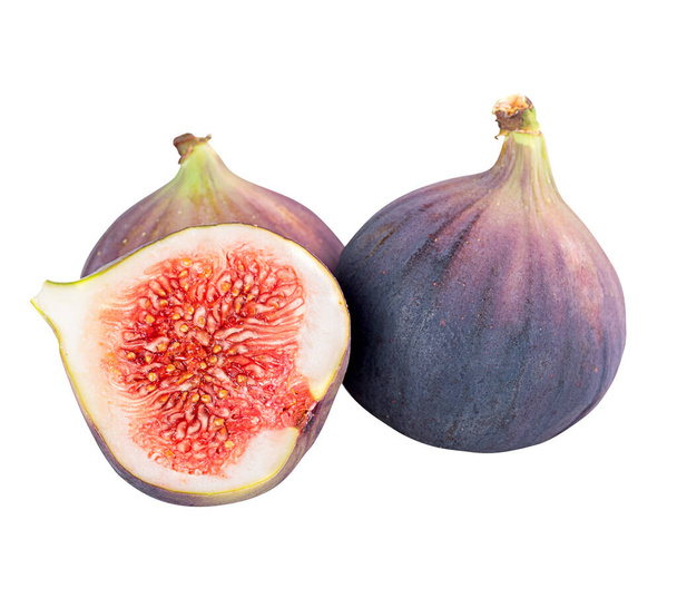 Fresh delicious young whole figs and fig halves isolated on a white background - Photo, Image