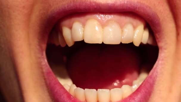boca abierta de una joven, dientes, boca abierta, labios - Metraje, vídeo