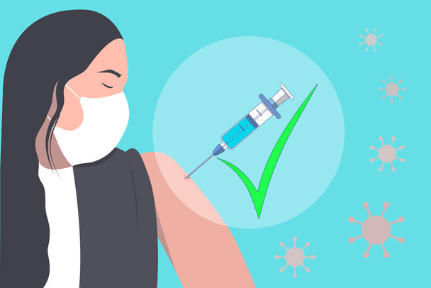 Holen Sie sich Ihren Covid-19 Impfstoff .Illustration der Coronavirus-Impfung. COVID-19 Impfstoffkonzept. Ein Mädchen in einer medizinischen Einmalmaske, eine Spritze mit einem Impfstoff. - Foto, Bild