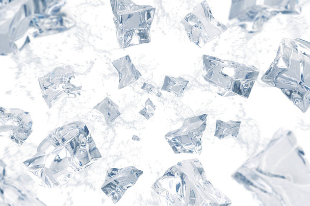 Kolekcja prawdziwych kostek lodu i wody spada na białym tle. Koncepcja reklamy produktów Ice cubs. Skupienie selektywne. - Zdjęcie, obraz