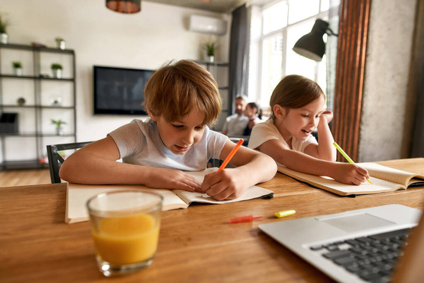 Little kids children study on computer at home together - Φωτογραφία, εικόνα