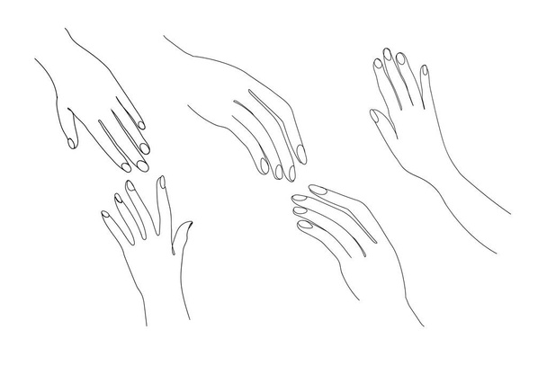 Joukko naisten kädet on maalattu moderniin minimalistiseen tyyliin valkoisella taustalla. Kädet yhdellä jatkuvalla viivalla. Taiteellinen linja. - Vektori, kuva