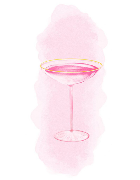 A glass of Pink Champagne painted by Watercolor. Watercolor rose glass for bar menu design, restaurant decoration, alcohol beverage prin.t - Foto, Imagen