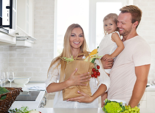 Family cooking in a modern kitchen setting - Zdjęcie, obraz