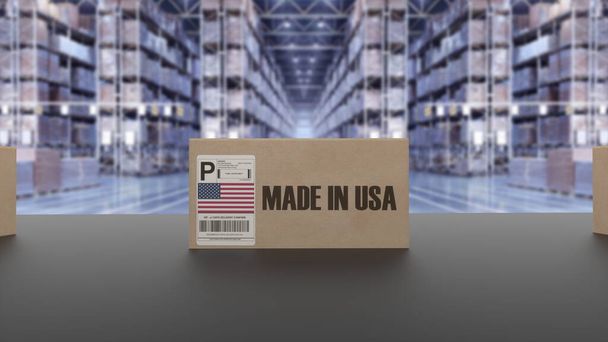 Cajas con texto MADE IN USA en cinta transportadora. Productos americanos relacionados. renderizado 3d. - Foto, imagen