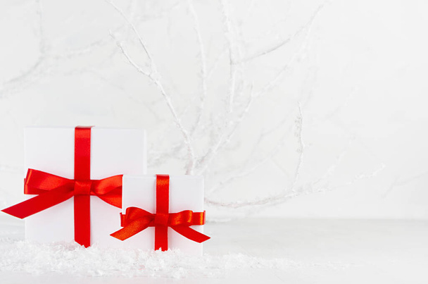 Elegant white festive winter background with gift boxes with red ribbon and decorative winter frosty forest with white branches and snow, copy space. Holiday christmas background. - Foto, immagini
