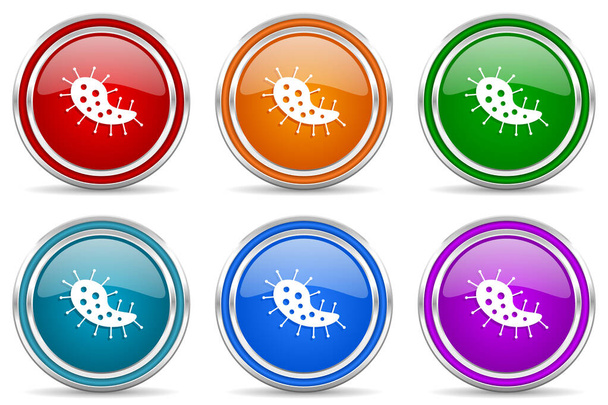 Virus, coronavirus, covid-19, infection silver metallic glossy icons, set of modern design buttons for web, internet and mobile applications in 6 colors options isolated on white background - Photo, Image