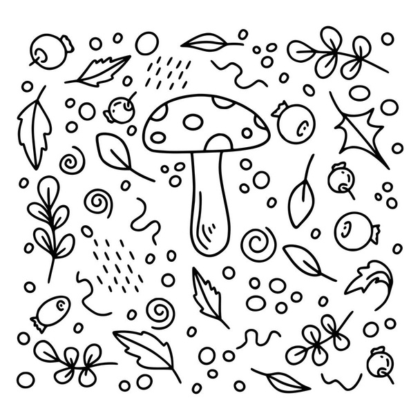 Fly agaric houby set s bobulemi a listy v černé barvě izolované na bílém pozadí pro podzimní nebo díkůvzdání karty, t-design trička, zbarvení stránky. Vektorová ilustrace - Vektor, obrázek