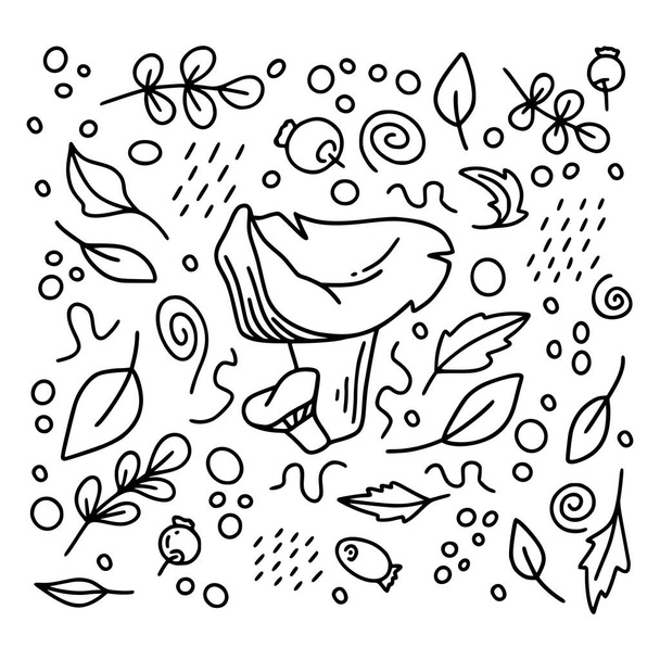Liška houba set s bobulemi a listy v černé barvě izolované na bílém pozadí pro podzimní nebo díkůvzdání karty, t-shirt design, zbarvení stránky. Vektorová ilustrace - Vektor, obrázek